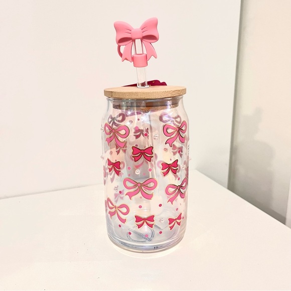 Pink Bows Glass Tumbler Cup with Bow Topper - Picture 1 of 2